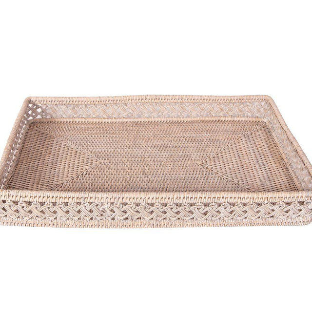 Handwoven Tava Braided Rattan Rectangular Tray, 17” - Whitewash