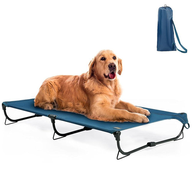 CANINE CANYON Folding Raised Dog Bed, Large Outdoor Elevated Dog Bed, Cooling Dog Beds, Chew Proof Dog Bed, Portable, Heavy Duty Up to 160 lbs, Dog Cot for Camping, Home, Dark Blue, 49"x33"x7"