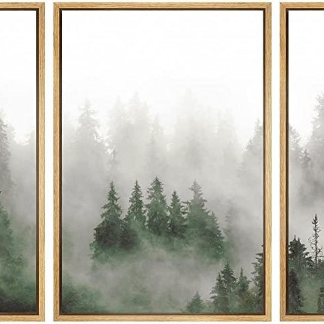 SIGNWIN Framed Canvas Print Wall Art Woodland Nursery Decor Set Fog & Mist Over Green Pine Tree Forest Nature Wilderness Modern Art Chic Landscape for Living Room, Bedroom, Office - 16"x24"x3 Natural