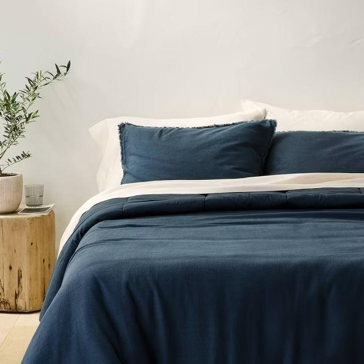 Casaluna Heavyweight Linen Blend Comforter and Sham Set, King - Dark Mineral Blue
