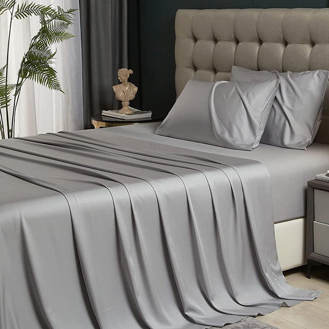 HYPREST Grey Sheets - 100% Bamboo Sheets Silky Soft Breathable No Sweat Cooling Sheets for Hot Sleepers, Extra Deep Pocket Queen Sheets Fits 18"-24" Thick Mattress Hotel Luxury Bed Sheets Set