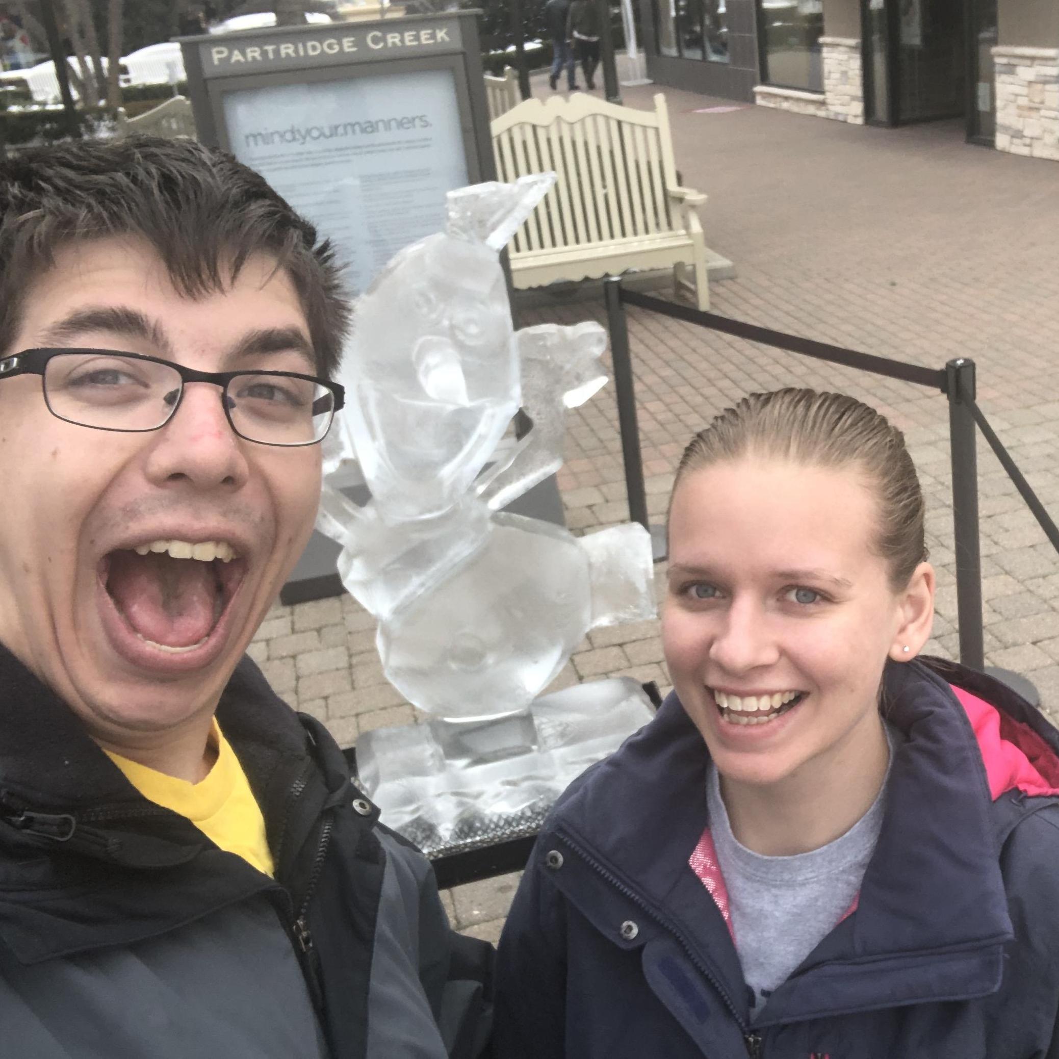 Selfie with an Olaf ice sculpture at our current favorite mall, Partridge Creek.
