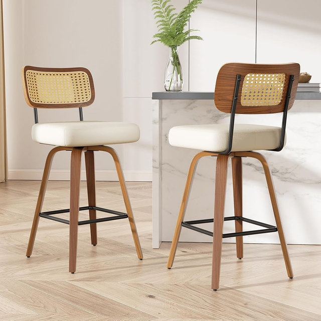 Choairy Swivel Bar Stools Set of 2, 26" Upholstered Faux Leather Counter Height Barstools with Rattan Back & Bentwood Legs, Mid Century Modern Bar Chairs Island Stools for Kitchen Counter, Cream White