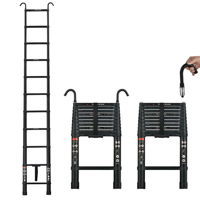Telescoping Ladder 12.5FT Aluminum Telescopic Extension Ladder with 2 Detachable Hooks Lightweight Portable Collapsible Ladder Multi-Purpose RV Ladder for Outdoor,Home, 330LB Max Capacity, Black