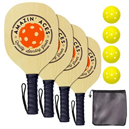 Amazin' Aces Pickleball Paddle Set Pickleball Set Includes 4 Wood Pickleball Paddles, 4 Pickleballs, 1 Carry Bag & Guaranteed Fun! | Beginner-Intermediate Racket | Includes Free eBook