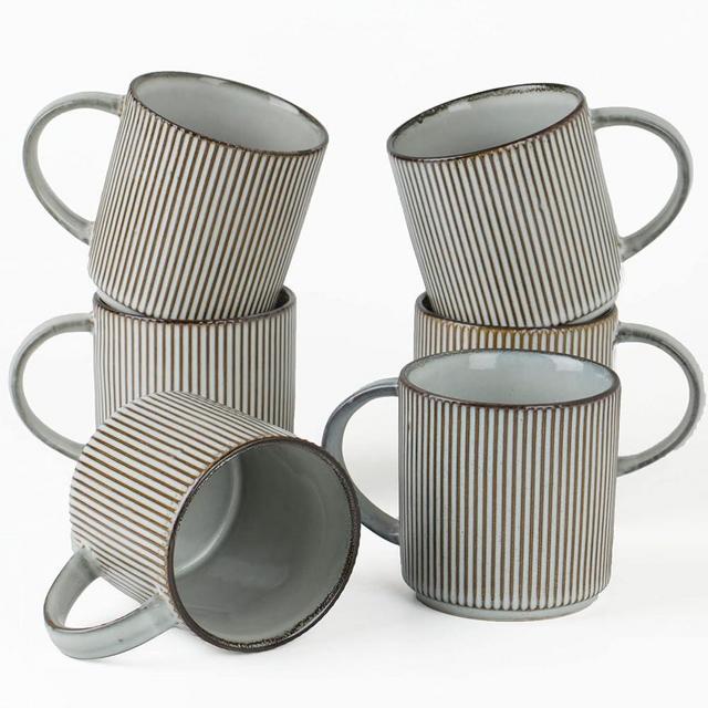 famiware Coffee Mug Set for 6, Star 12 oz Catering Mugs Cup Set with Handle for Coffee, Tea, Cocoa, Milk, Smoky Blue
