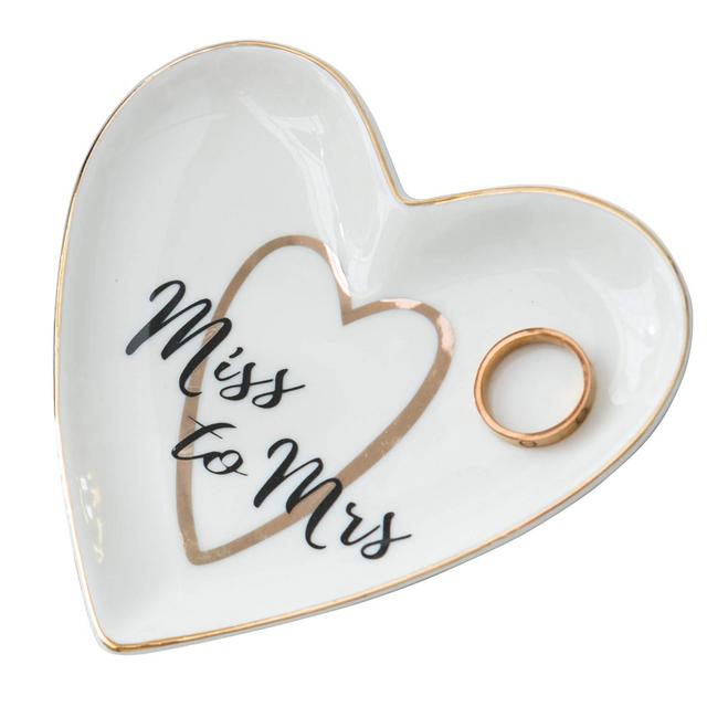Kimdio Best Gifts for Love, Jewelry Dish, Ring Holder Heart Shape Trinket Tray, Ceramic Plate Miss to Mrs Jewelry Organizer for Wife, Friendship, Birthday Wedding Christmas etc.