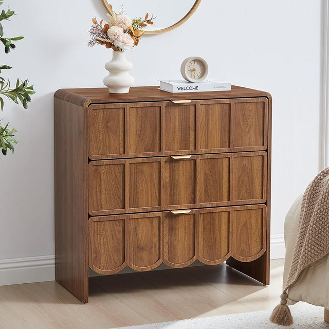 ORRD 3 Drawer Dresser for Bedroom, Modern Closet Chest of Drawers with Wave Fluted Drawer, Wood Storage Small Dresser Organizer for Nursery Bedroom Living Room Hallway Closet (Walnut)