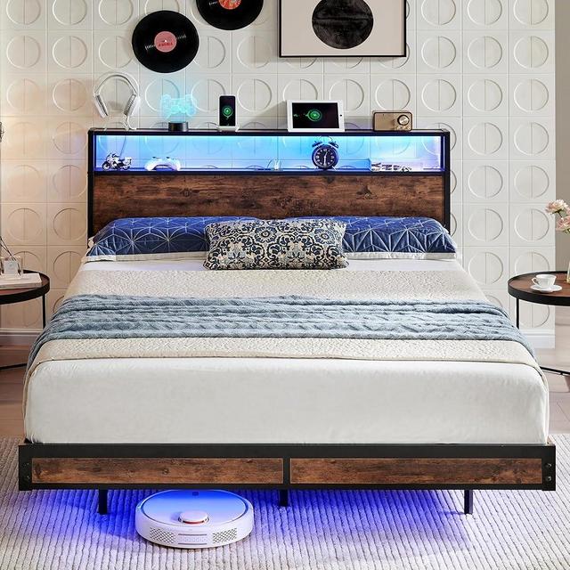 BedsPick Queen Size Bed Frame with 2-Tier Storage Headboard, Metal Industrial Style Platform Bed Frame with Charging Station & LED Lights, Noise-Free/Metal Support/No Box Spring Needed, Rustic Brown