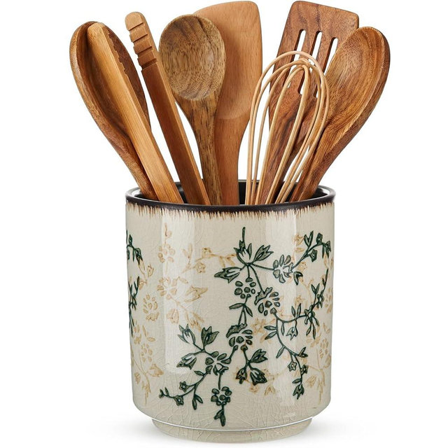 Teecyhooo Rustic Ceramic Utensil Holder for Kitchen Counter 5.5" Floral Utensils Crock Tuscany Countertop Cooking Tools Elegant Storage Caddy for Spatula Spoon Farmhouse Decor Housewarming Gift