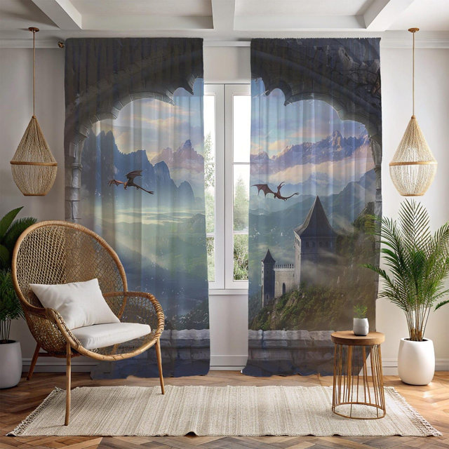 Window Blackout Curtain SET of 2 Fantasy Castle Window with Misty Mountains & Flying Dragons - Perfect Gift for Fantasy Lovers (2) 50" × 84"