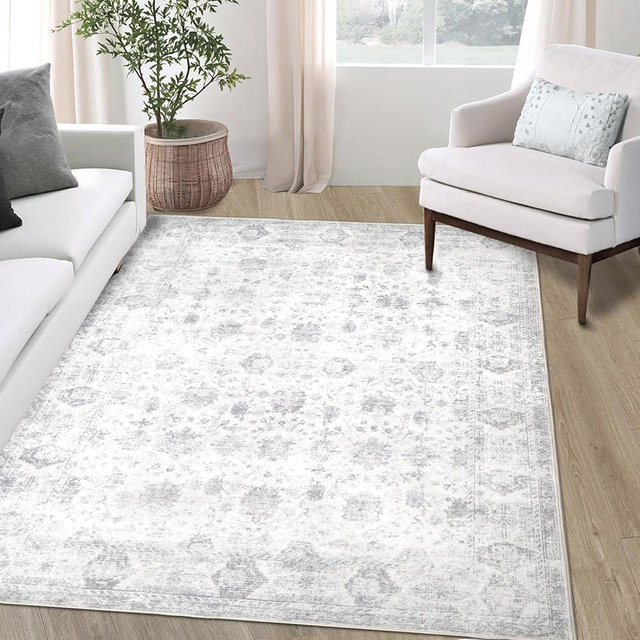 Dotiiorug Washable 8×10 Area Rug for Living Room, Vintage Floral Rug Soft Non Slip Stain Resistant Boho Carpet for Bedroom Dinning Room Kitchen Home Office Grey