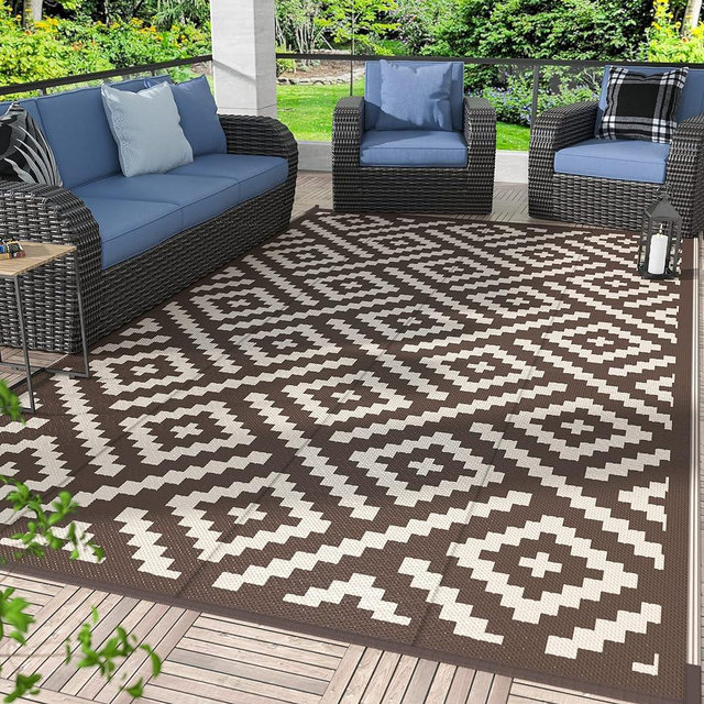GENIMO 5x8 Outdoor Rug Waterproof, Reversible Mats, Outdoor Area Rug, Plastic Outside Carpet, Geometric Rv Mat for Patio Camping Picnic Backyard Deck Balcony Porch Beach (Coffee&Beige)