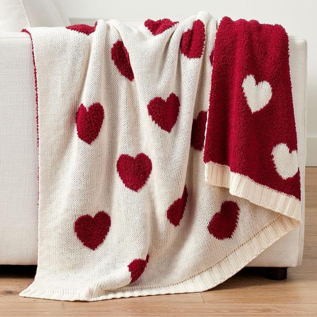 Heart Jacquard Knit Throw, 50 x 60", Ivory/Cardinal