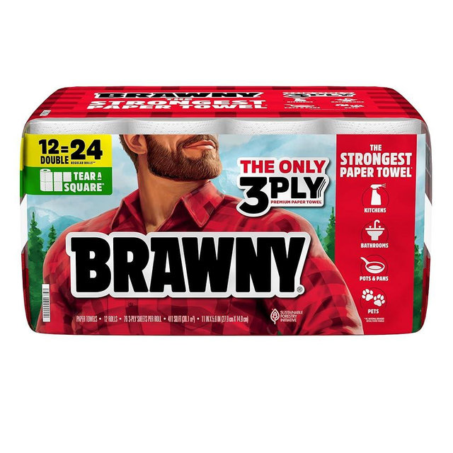 Brawny Tear-A-Square 3-Ply Paper Towels, 12 Double Rolls = 24 Regular Rolls, Strong, Absorbent, and Durable with 3 Sheet Sizes