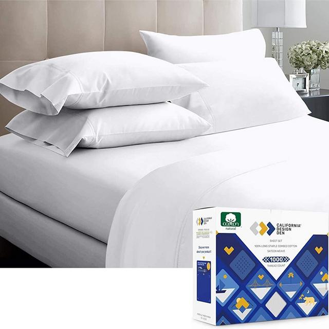 1000-Thread-Count 100% Pure Cotton Bed Sheets on Amazon 4 Pc Queen Size White Sheet Set - Single Ply Extra Long Staple Combed Cotton Yarns, Best Luxury Sateen Weave, Fits Mattress 16'' Deep Pocket