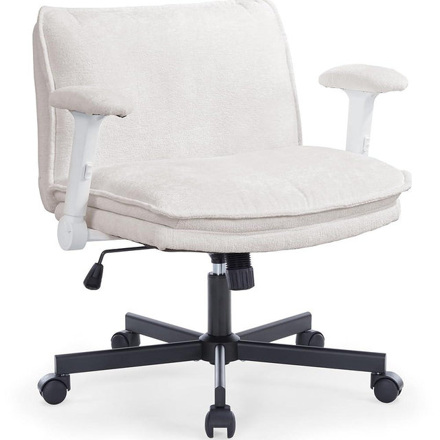 FanciSpot Cross Legged Office Chair with Wheels and Height Adjustable Flip-Up Arms, Criss Cross Desk Chair with Padded Seat, Swivel Office Chair for Home Office,Beige