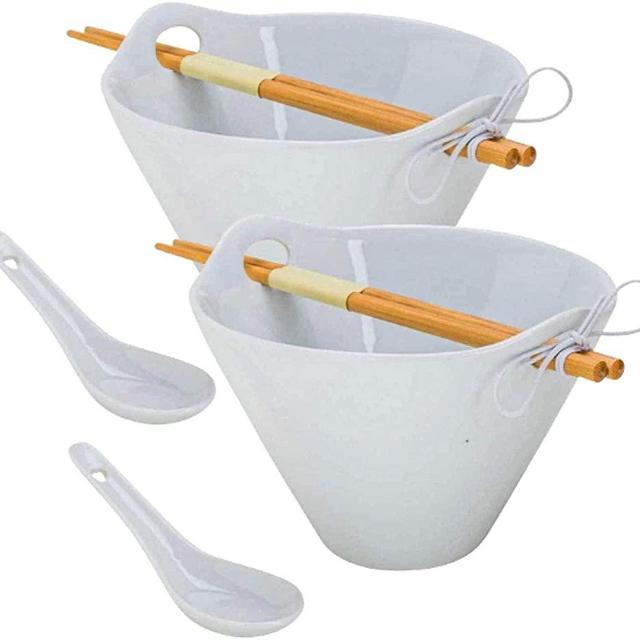 XL Tasse Verre Porcelain Noodle Bowl Sets with Bamboo Chopsticks and Ceramic Spoon For Ramen, Soup, Salad, Pho, Fruit (40 Ounce Bowl)- White - 2-Pack