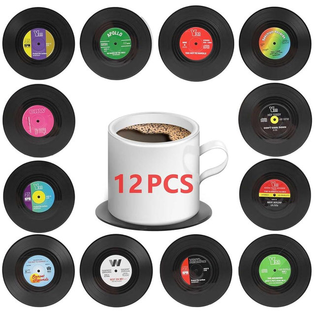 12 Pcs Fun Vintage Vinyl Record Coasters，Bars、Birthdays, Parties Cool Coaster Music Lovers Colorful Vintage Vinyl disc Coaster Coffee Table Decor ，Tabletop Protection Prevents Furniture Damage