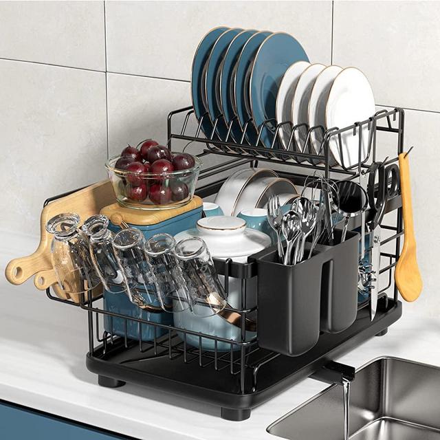 Dish Drying Rack, 2 Tier Dish Rack with Drainboard, Cutlery Holder, Cutting-Board Holder, Cup Holder and 3 Hooks, Large Dish Racks for Kitchen Counter, Rust-Proof Dish Drainer, Black