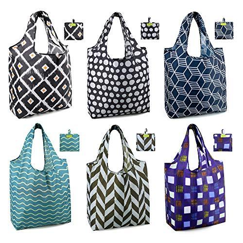 Shopping Bags Reusable Grocery Tote Bags 6 Pack XLarge 50LBS Ripstop Geometric Fashion Gift Bags with Pouch Bulk Waterproof Machine Washable Nylon Bags Black Gray Purple Navy Teal Brown