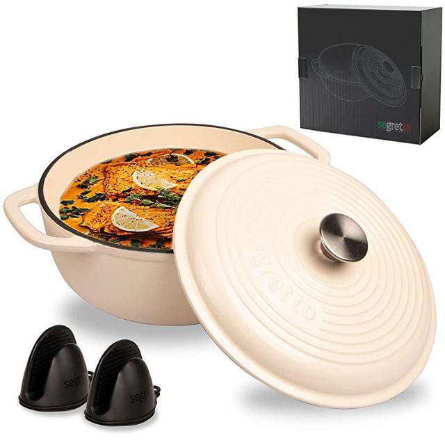 Segretto Cookware Enameled Cast Iron Dutch Oven with Handle, 6 Quarts, White Cast Iron Cookware Dutch Oven Casserole | Enameled Cast Iron Dutch Oven Pot with Lid | Comes with Silicone Pot Holders