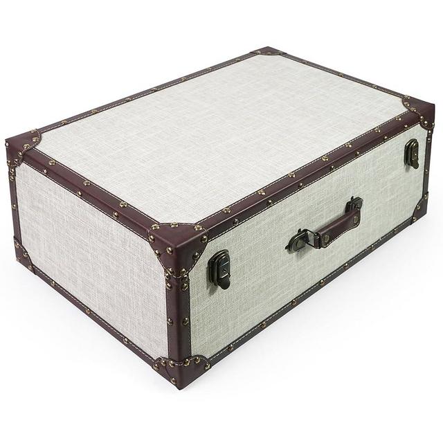 DreamsEden Large Decorative Wooden Storage Box, 23.5''L x 14''W - Vintage Suitcase Chest Trunk with Hinged Lid, Linen-Fabric Cover