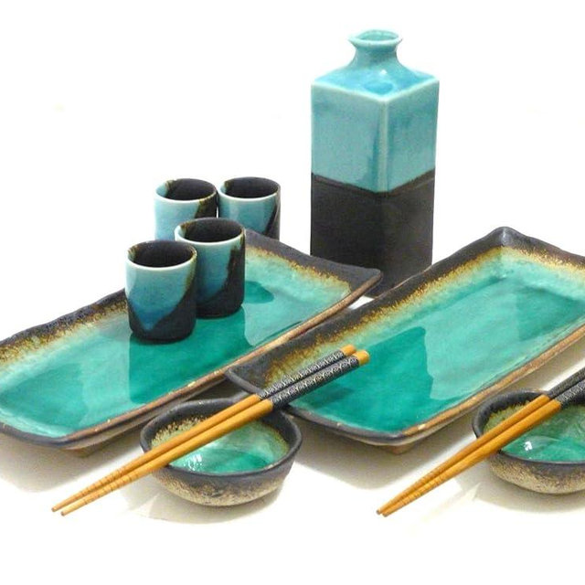 Sushi Set Made In Japan - MySushiSet 9 piece Aqua Blue Sushi Plate and Sake Set