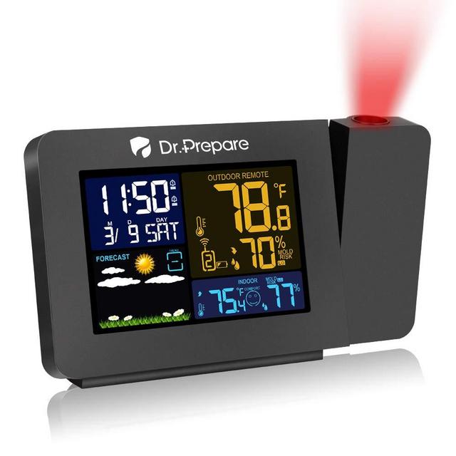 Dr. Prepare Projection Alarm Clock for Bedrooms with Indoor Outdoor Temperature Display, Dual Alarms Multi-Colored Backlight Projection Clock with Weather Forecast