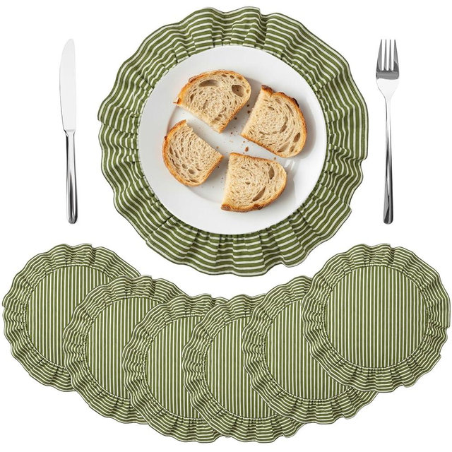 Yiyiring 6 Pcs Round Green Placemats with Ruffle 15 Inch Cotton Striped Placemats Easter St Patricks Spring Wedding Boho Decorative Table Mats for Holiday Party Favors Table Decorations