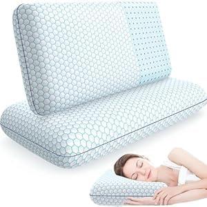 CushyOasis Memory Foam Pillows for Side, Set of 2, Back and Stomach Sleepers, Bed Pillow with Breathable Mesh and Washable Cover, Bed Pillow for Sleeping (Blue, Queen Size)