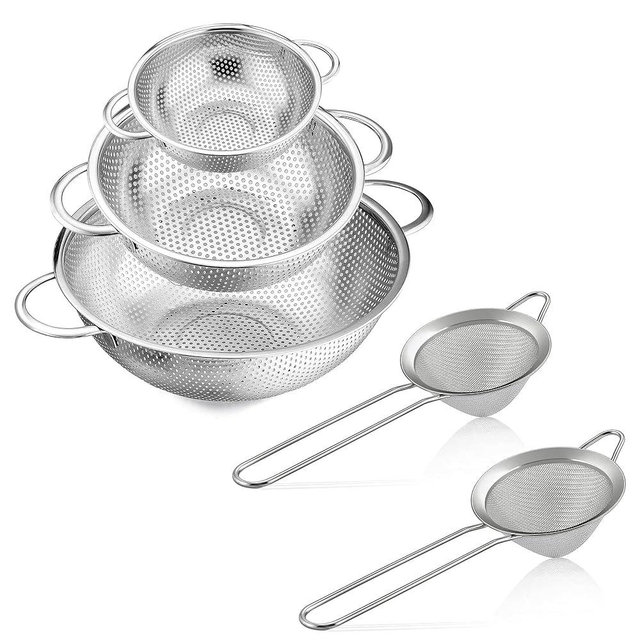E-far Stainless Steel Colander Set of 3 (1-3-5Quart) with 3.3 Inches Fine Mesh Strainer Set of 2, Rust Proof & Dishwasher Safe