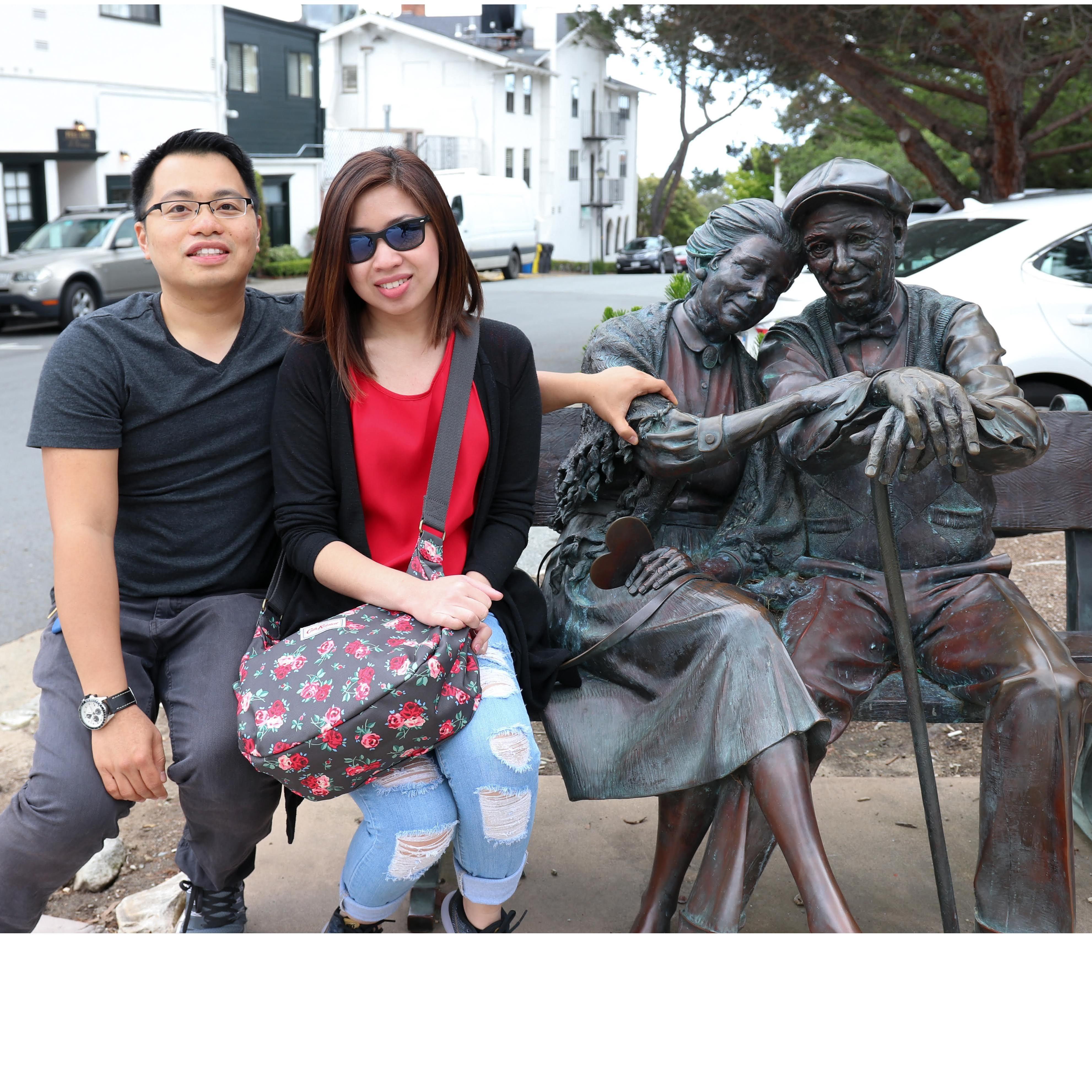 Monterey California. We stumbled upon this statue "The Valentine", a bronze sculpture figure by George Wayne Lundeen, of an elderly couple seated on a bench.