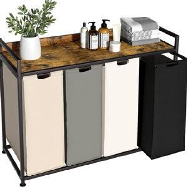 Laundry Hamper with Shelf, Laundry Basket 4 Section, Laundry Sorter with Pull-Out Removable Large 4 Color Bags and Movable Wheels, Metal Frame, 4 x 15.87 Gallons (60L), Rustic Brown PF07XLN