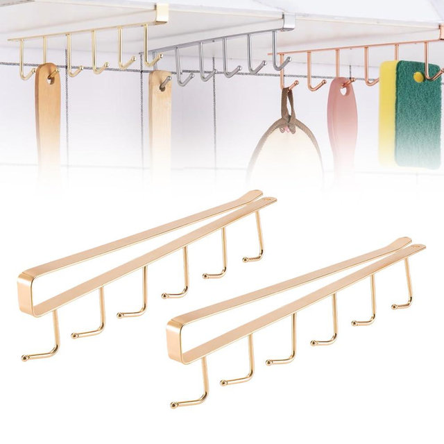 Shelf Mug Hanger Mug Hooks Under Cabinet 6 Hooks, Under Cabinet Coffee Mug Holder Hooks Hanging Rack Under Shelf for Cups Kitchen Utensils, Fit for 0.8in Thickness Shelf or Less (2, Gold)