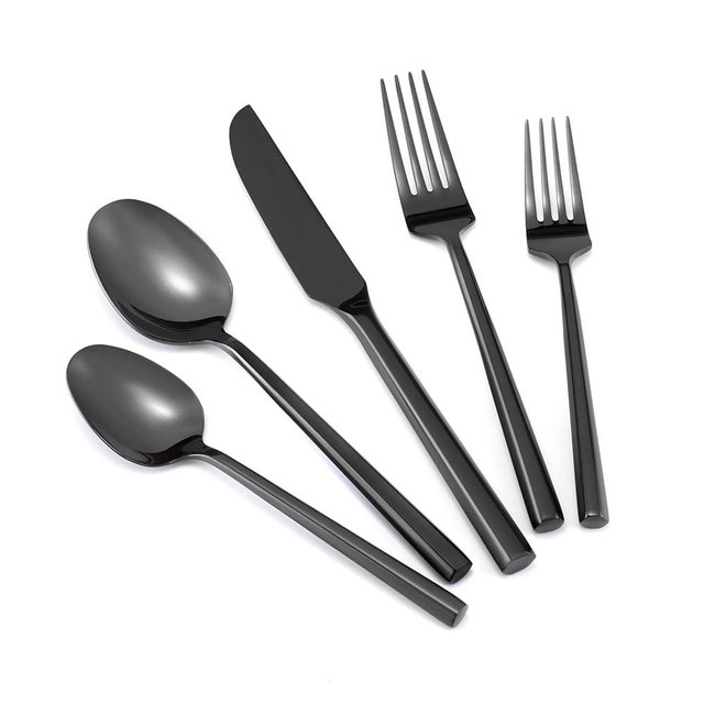 Kelenfer Hand Forged Stainless Steel Flatware Set Silverware Set Cutlery Set Hexagon Handle Black Mirror Finished 20 Pieces Service for 4