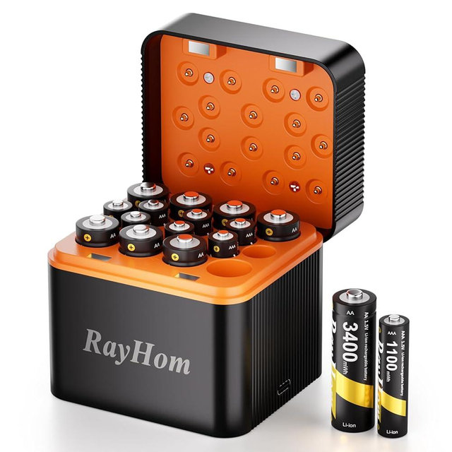 RayHom Rechargeable 8 AA and 8 AAA Lithium Batteries with Charger, 1.5 V Double A Triple A High-Capacity Rechargeable Batteries, 16 Slot Li-ion Battery Charger