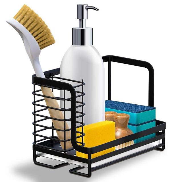 Aristeia Home Kitchen Sink Caddy Organizer - Stainless Steel Kitchen Sink Organizer with Drip Tray, Versatile Sponge Caddy for Kitchen Sink with Scrub Brush Included - Black