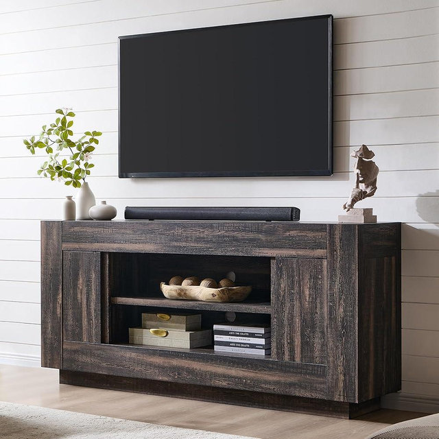 OKD Modern 70" TV Stand, Entertainment Center for TVs Up to 80", Media Console with Large Open Storage & Side Cabinets, Thick Wood Design for Living Room, Dark Rustic Oak