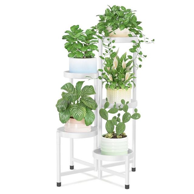 iDavosic.ly Plant Stand Indoor Outdoor, 5 Tier Corner Metal Flower Display Holder Shelf, Easy Assembly Folding Tall Orchid Rack for Patio Balcony Porch Garden Living Room House, White