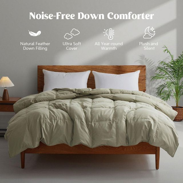 Peace Nest Ultra Soft Noiseless Down Comforter, Natural All Season Duvet Insert, Sage Green, Full/Queen, 88x88"