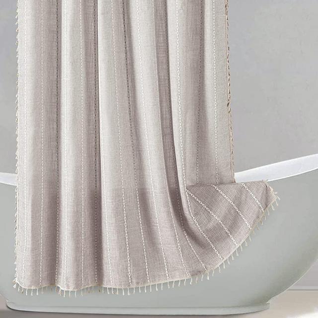 RoomTalks Beige Boho Shower Curtain with Tassels - Premium Quality Heavy Duty Cotton Linen Modern Farmhouse Shower Curtain Set Bohemian Chic Rustic Cottage Bathroom Decor, Waterproof & Washable