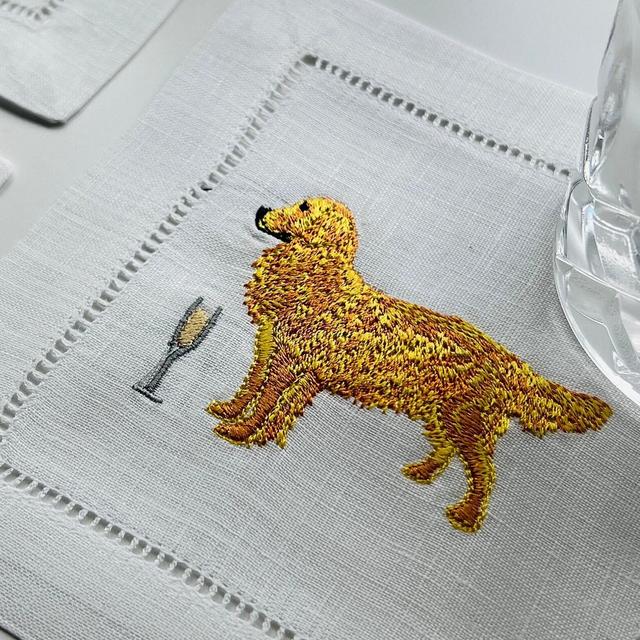 Embroidered Golden Retriever Dog Cocktail Linen Napkins, Embroider Puppy Linen Napkin, Dog with Champagne Napkin, Fun Dog with Drink Napkin