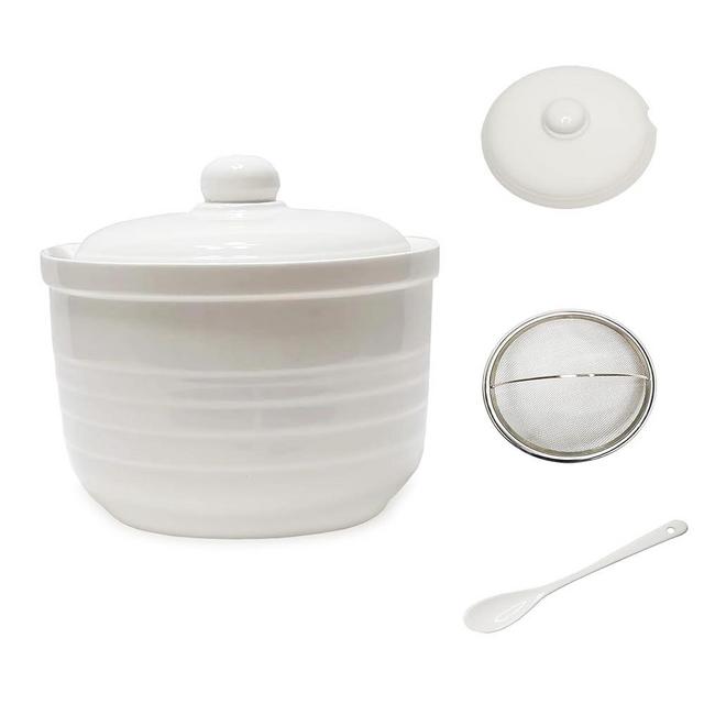 MaoYaMao Ceramic Bacon Grease Container with Stainless Steel Strainer,Cooking Oil Storage Can 17oz(White)