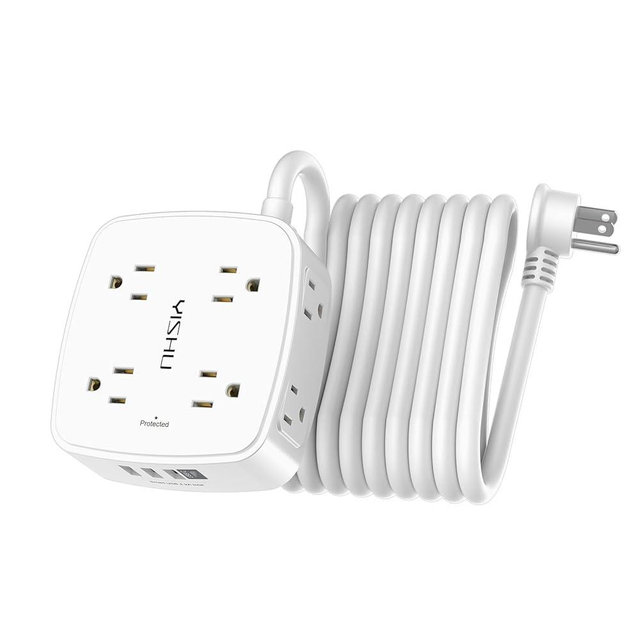 15 Ft Surge Protector Power Strip - 8 Widely Outlets with 4 USB Ports, 3 Side Outlet Extender with 15 Feet Extension Cord, Flat Plug, Wall Mount, Desk USB Charging Station, ETL, White