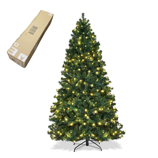 ERGOMASTER 7FT Pre-lit Artificial Christmas Tree with Lights, Fake Green Xmas Tree with 1096 Hinged Branch Tips, 300 LED Warm White Incandescent Lights & Foldable Metal Stand for Holiday