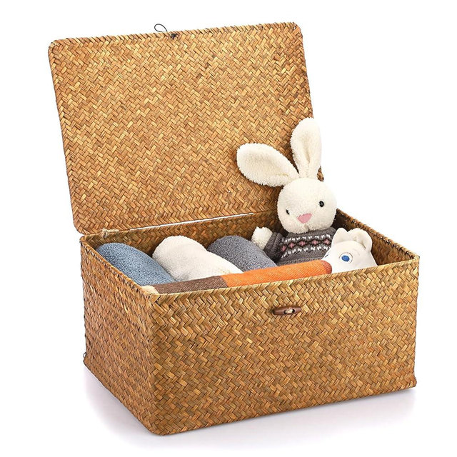Hipiwe Wicker Shelf Baskets Bin with Lid, Handwoven Seagrass Basket Storage Bins Rectangular Household Basket Boxes for Shelf Wardrobe Home Organizer, Caramel X-Large