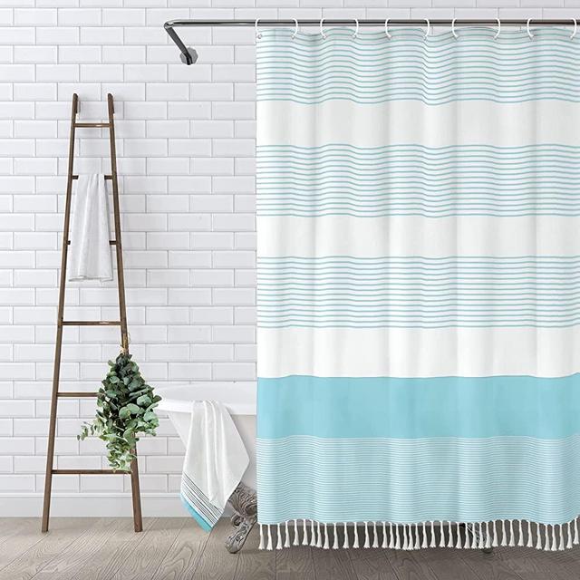 Awellife Light Blue Shower Curtain for Bathroom Stripe Tassel Shower Curtain 72 X 72 Inches Farmhouse Linen