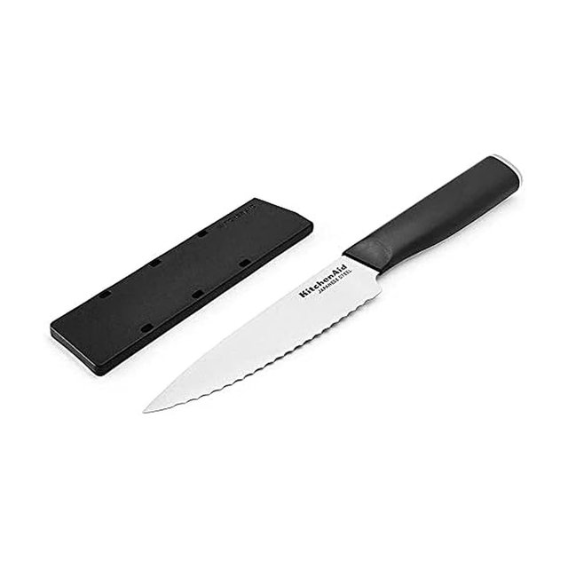 KitchenAid Classic Serrated Utility Knife with Custom Fit Blade Cover, 8 inch, Sharp Kitchen Knife, Japanese Stainless Steel Blade, Black
