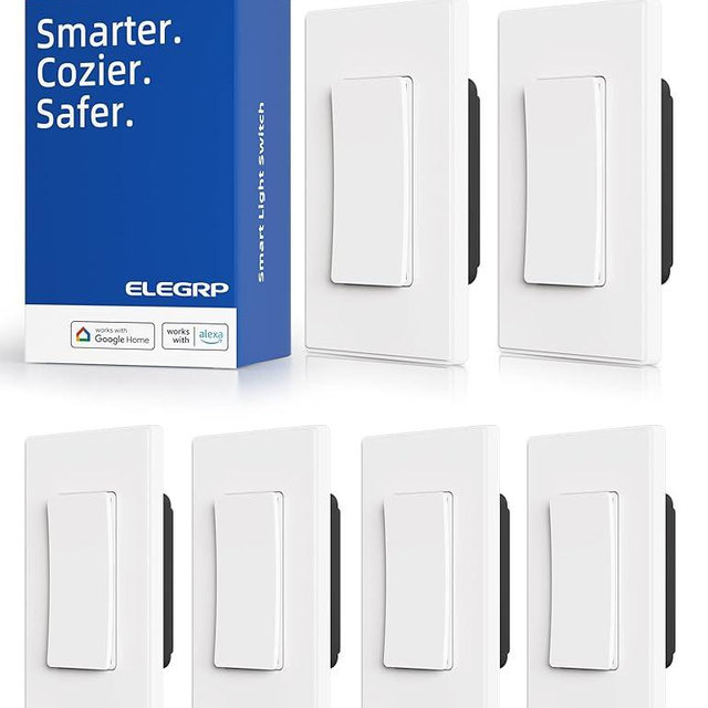 ELEGRP Smart Light Switch, 2.4GHz Wi-Fi Light Switch Compatible with Alexa & Google Assistant, Neutral Wire Required, APP Control and Timer Schedule, UL Certified,Single Pole, White, 6 Pack